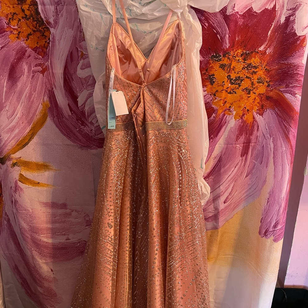 Pink gold long prom dress never worn size 4